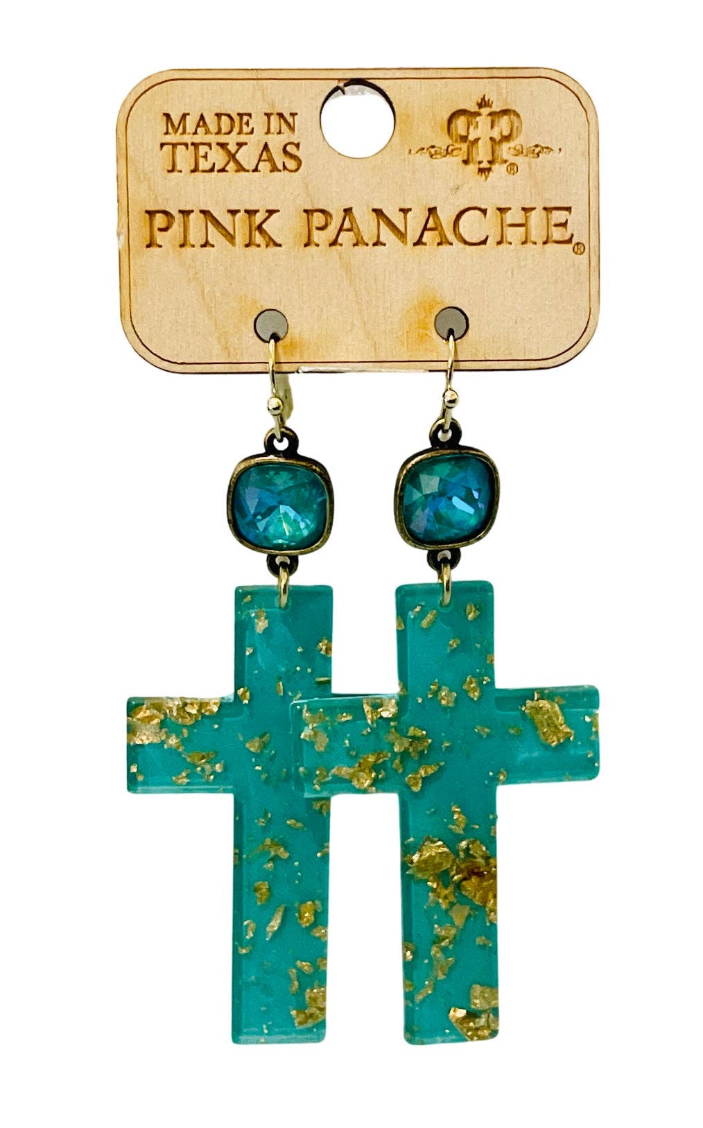 Pink Panache 10mm bronze/laguna delite cushion cut connector with turquoise and gold fleck cross earring