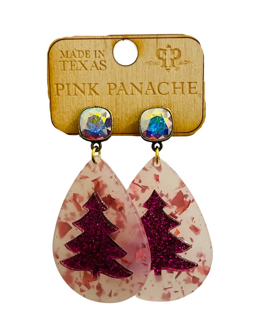 Pink Panache 10mm bronze/AB cushion cut post on pink glitter tree earrings