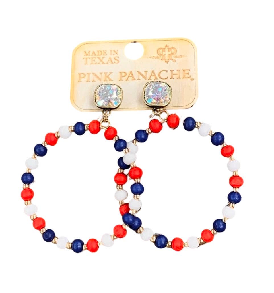 Pink Panache 10mm bronze/AB cushion cut post on red/white/blue wood bead circle earring