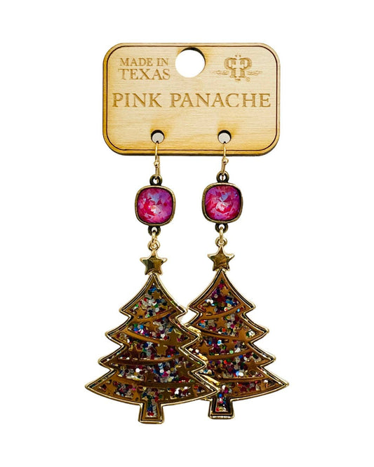 Pink Panache 10mm bronze/royal red delite connector on gold and multi-color glitter Christmas tree earrings