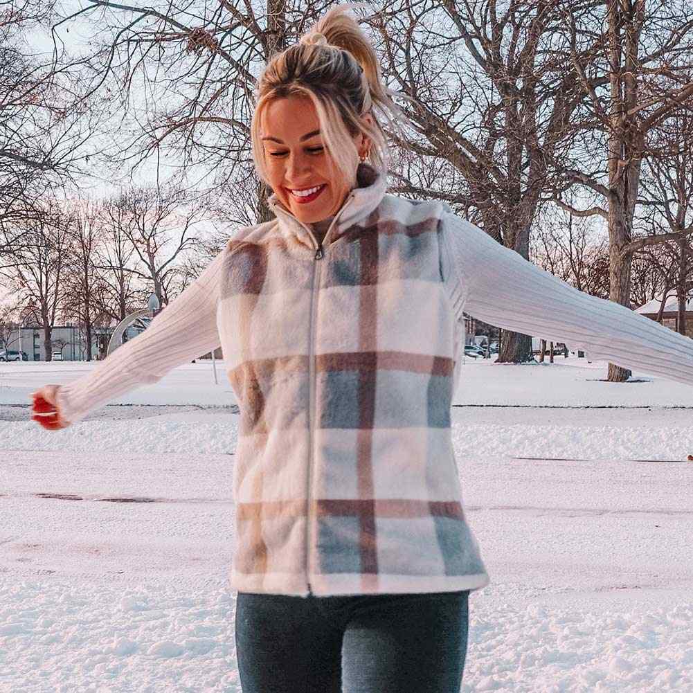 Blue/Cream Plaid Faux Fur Vest